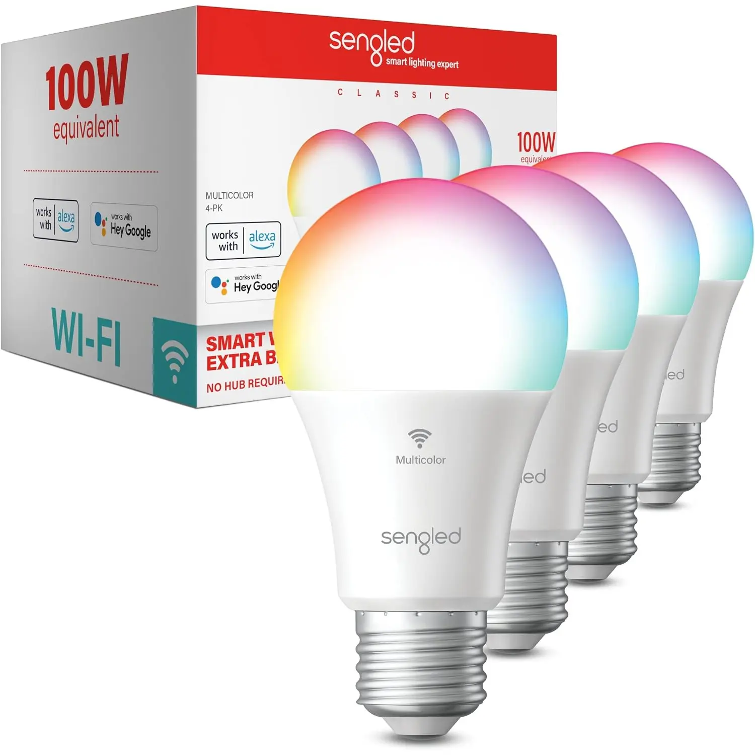 Smart Bulb, 100W Equivalent WiFi Color Changing Light Bulb, 1500LM Extra Bright Smart Light Bulb That Work with Alexa Google, Dimmable A19 Multicolor Alexa Bulb,CRI>90, No Hub Required, 4-Pack