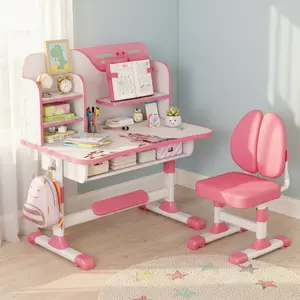 2Pcs/Set Premium Kids Study Desk Chair Set, Height Adjustable Children School Study Table Chair Set with Astronaut Pattern, Ergonomic Desk Chair with Large Writing Board, Bookshelf and Drawer (Pink, Blue)