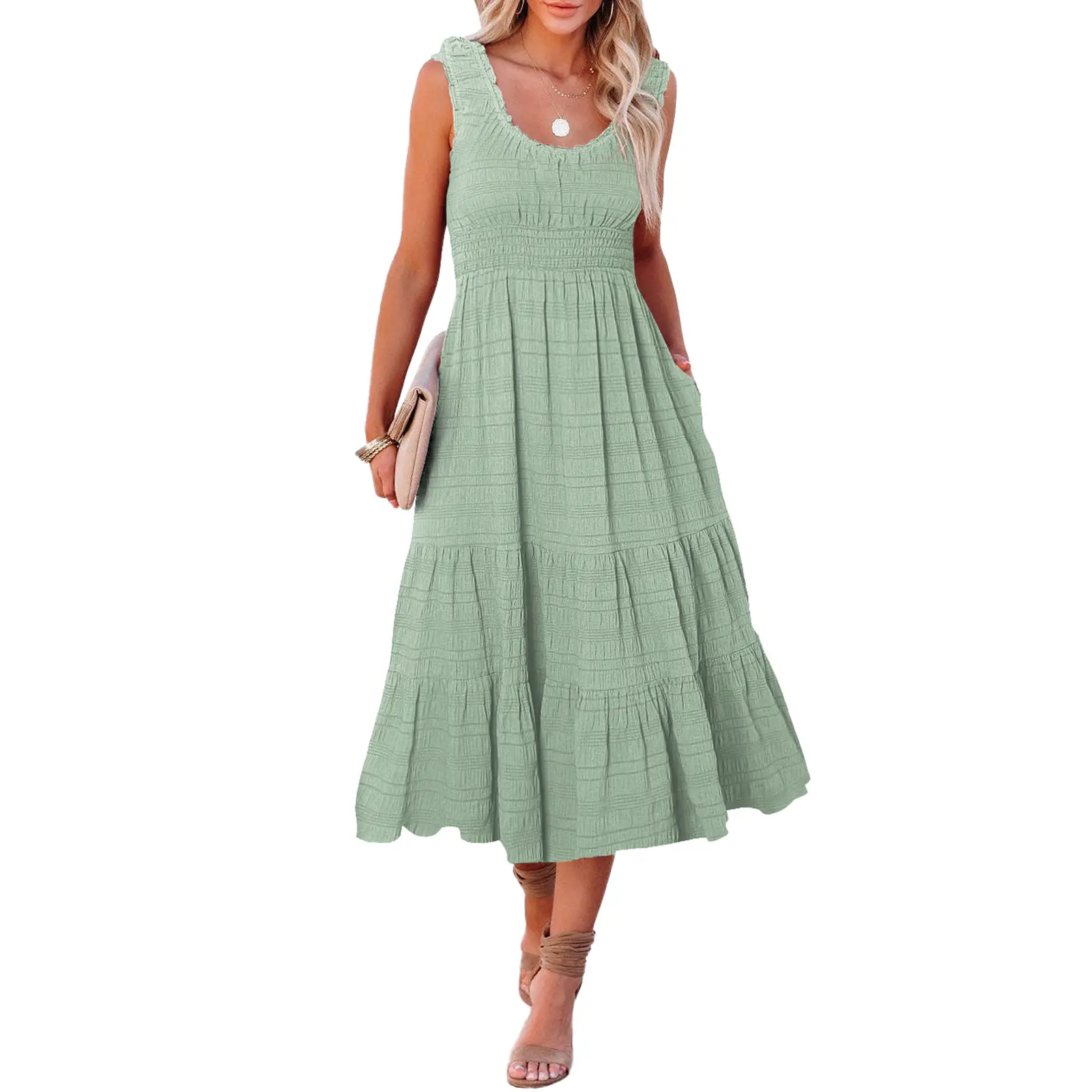 Asvivid Women's Shirred Pleated Round Neck Sleeveless Midi Dress - Soft 95%Polyester+5%Elastane Fabric, Casual Womens Dresses, Summer Beach Vacation Wear #DealsForYouDays