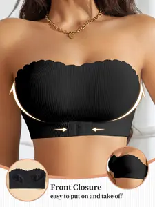 Elegant Wirefree Bralette with Wave Hem Design, Front Buckle Closure, Medium Support, Full Coverage, Unlined, Casual Wear for Women