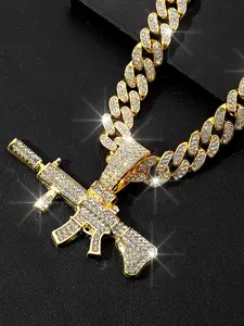 Rhinestone Decorated Gun Shaped Pendant Necklace, Cuban Link Chain Necklace for Party, Daily Clothing Decor, Trendy All-match & Exquisite Jewelry for Birthday Gift, Elegant Rhinestone Necklace