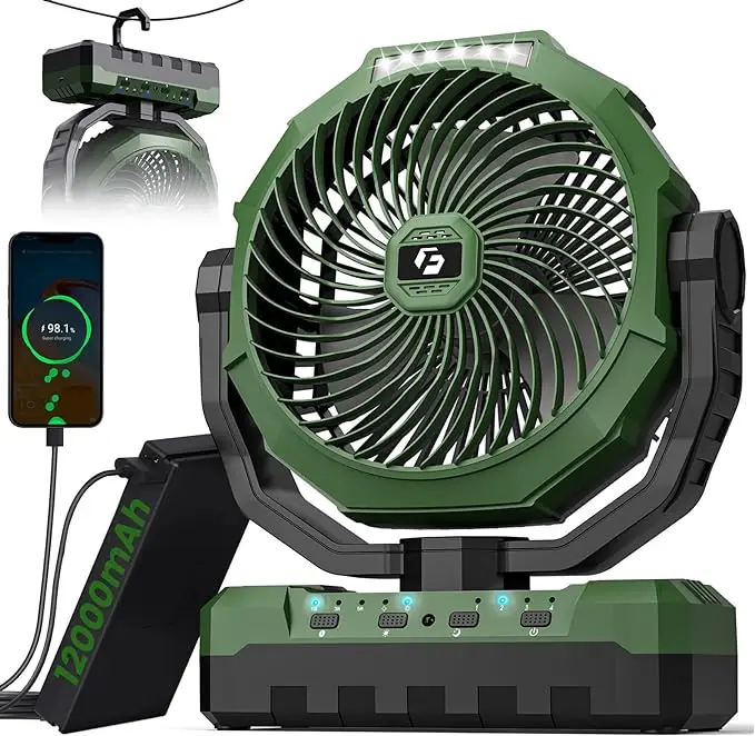 12000mAh ChillGo 3-in-1 Camping Fan - FathersDayGift Portable Fan Rechargeable - 9-Inch Battery Powered Fan(70Hrs) - USB Fan with Light & Remote for I
