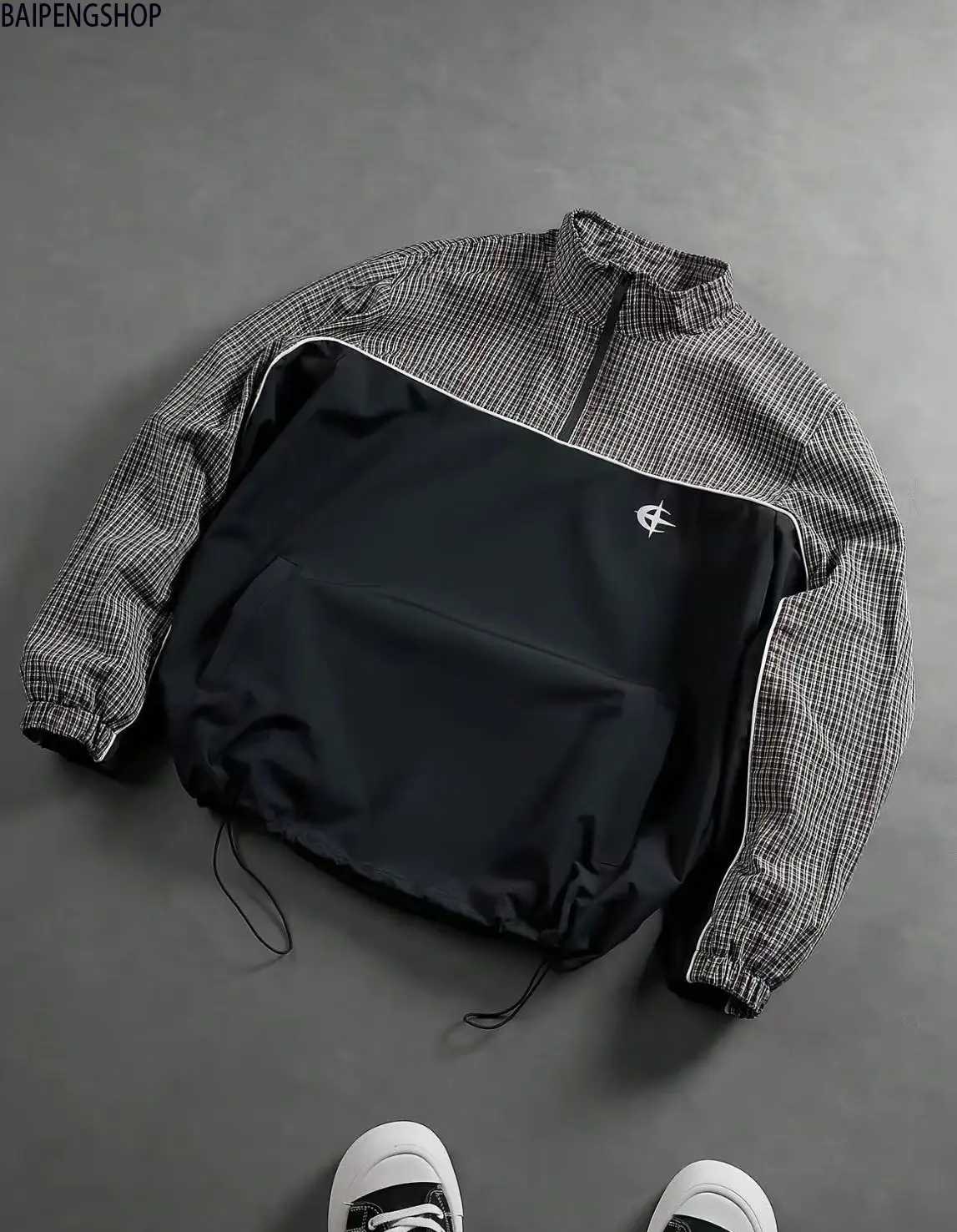 Male Polyester Windbreaker Jacket - Retro Geometric Pattern, Half-Zip Front, Long-Sleeve, Lightweight Loose Fit, Casual Street Outdoor Coat with Side Pockets