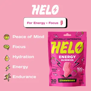 HELO Caffeine Energy Gummies | Strawberry | 30 Natural Gummies for Focus, Energy, Hydration, and Productivity