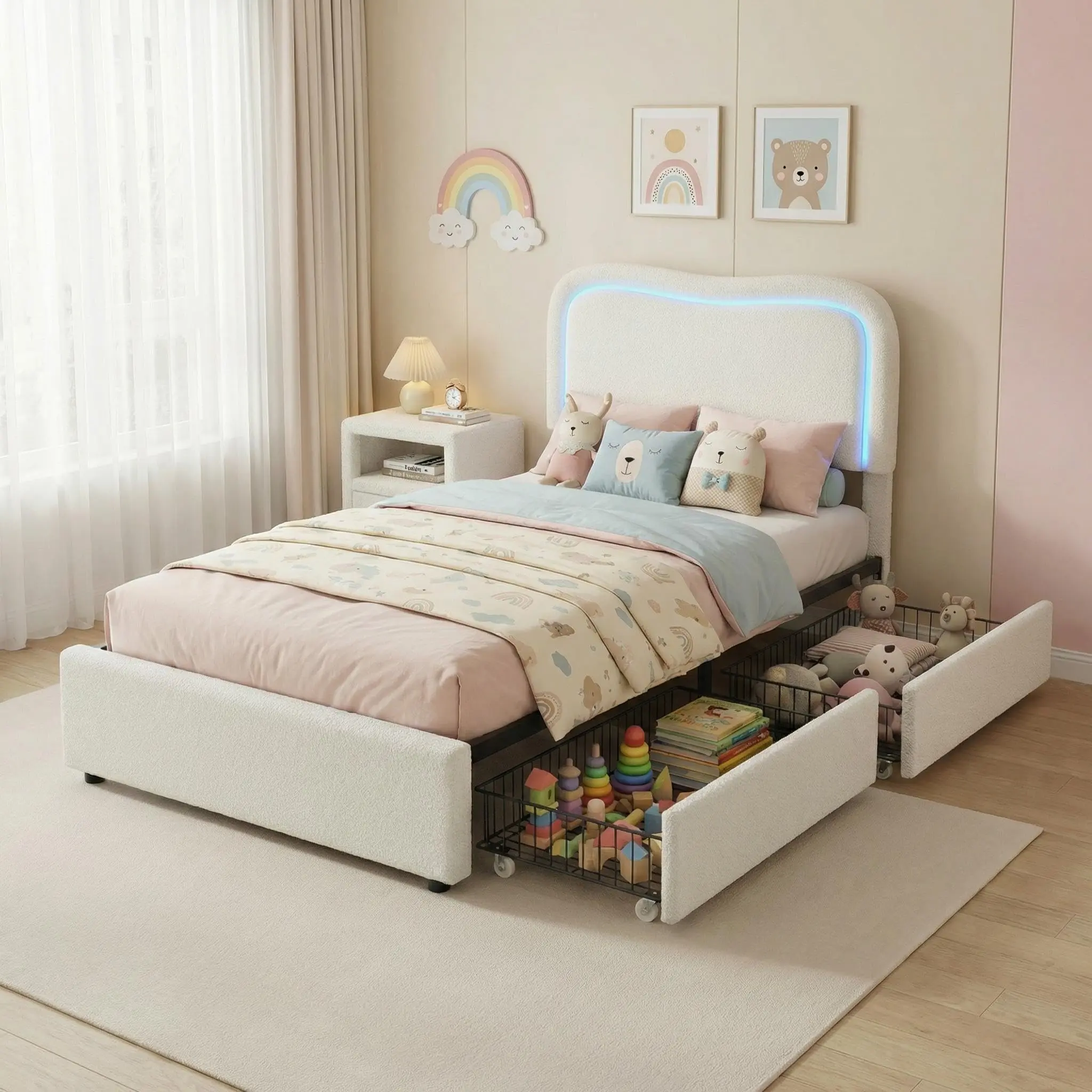 【Garvee】Boucle Upholstered Platform Twin Bed Frame with LED Petal Headboard – Solid Wood Slats – Spacious Storage Drawers, Noise-Free, No Box Spring Needed – Perfect for Kids & Teens – Available in White, Beige, Blue