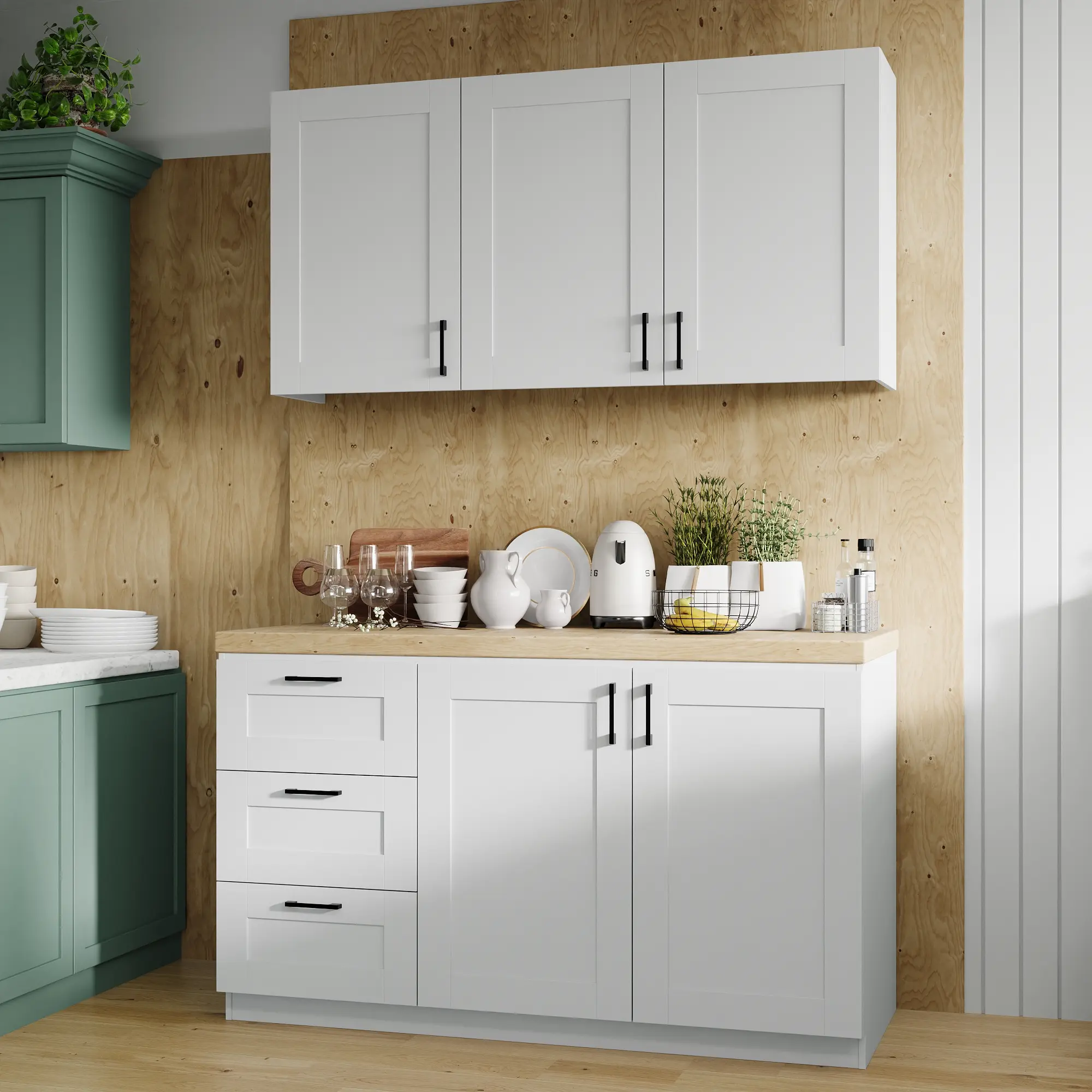 FUFU&GAGA Modern Shaker Style Wooden Kitchen Base Cabinet, Heavy Duty Storage Unit with Open Sink Cutout, 3 Deep Slide Drawers & Adjustable Inner Shelves