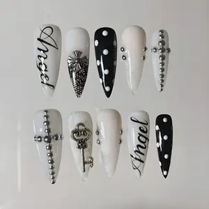 Angel Grunge Press On Nails: 3D Cross, Key, Black & White Alt Fashion