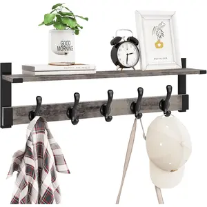 Coat Rack Wall Mount with Shelf, 29 Inch Wood Wall Shelf with Hooks, Entryway Coat Hanger Wall Mount with 5 Hangers for Bathroom, Bedroom, Living Room, Grey