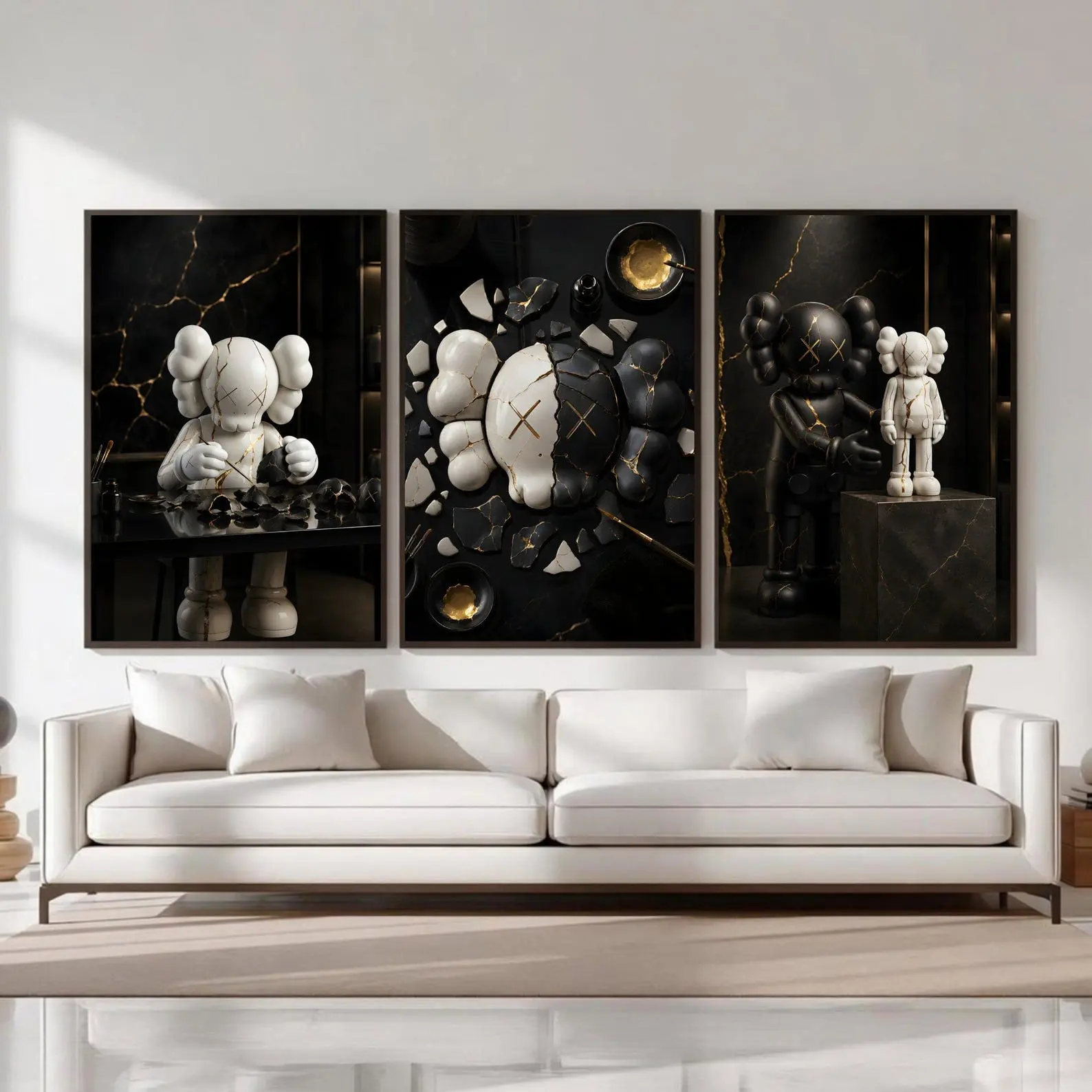 Luxury Kaws Wall Art Poster Print Unframed Set Of 3, Kintsugi Hypebeast Room Decor, Black and White Kaws Posters, Kaws Figures Print Set,Modern Digital Art