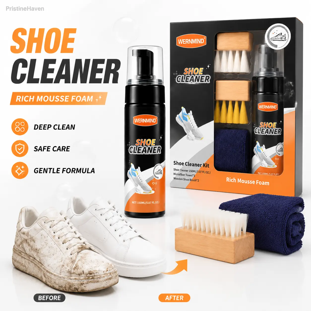 Premium Shoe Cleaner Kit – No Rinse Foam Sneaker Cleaner with 2 Brushes & 2 Microfiber Towels for Sneakers, Canvas Shoes, Boots & Sports Shoes