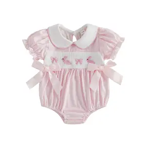 Baby Toddler Girl Easter Striped Romper Cute Bunny Embroidery Doll Collar Short Sleeve Jumpsuit