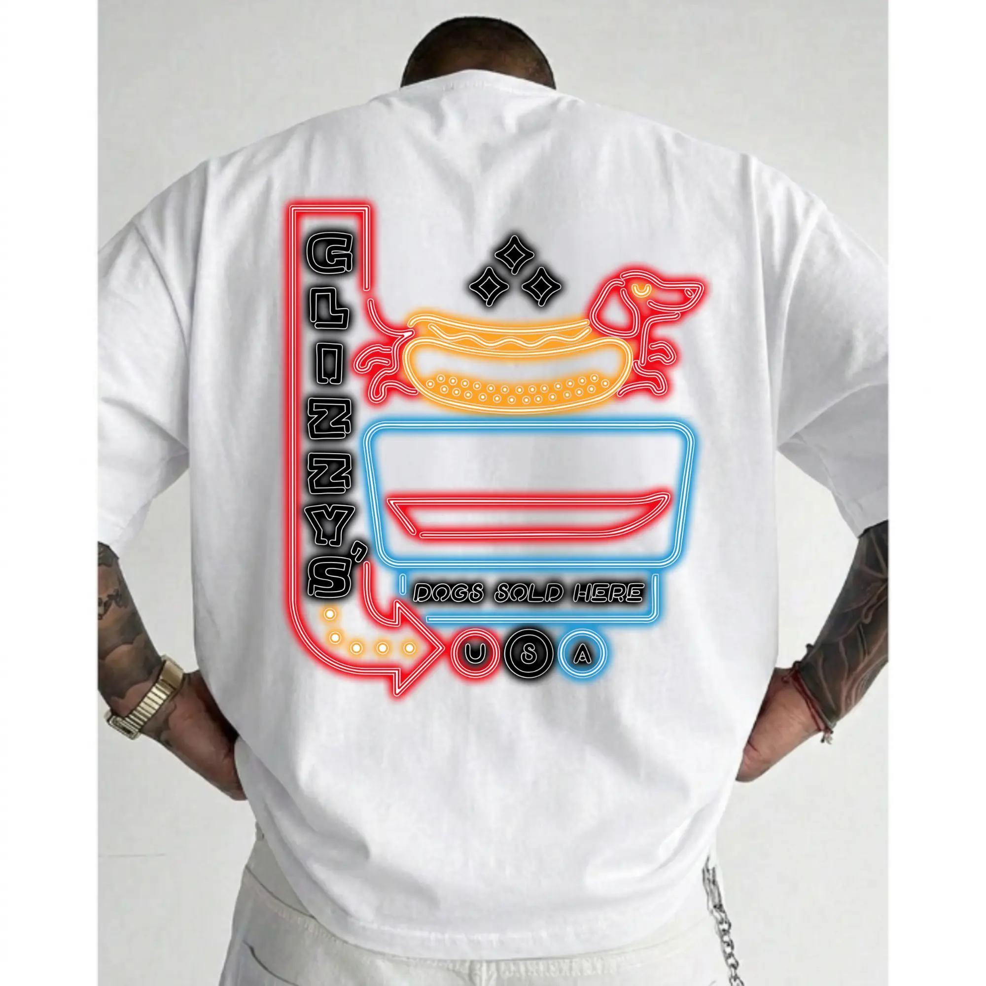 Glizzy Dogs Sold Here Shirt For Men For Women, Back Print Only Design, Neon Hot Dog Graphic, Oversized Cotton Top, Funny Food Gift
