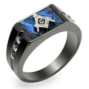 Men's Blue Agate Masonic Lodge FreeMason Ring in Black Stainless Steel with Solitaire CZ