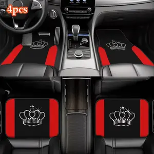 4pcs Red& Black Crown Design Car Floor Mats, Automotive Floor Mats- Fit for SUVs, Trucks, Cars| All-Weather Polyester with Diamond Stitching| Ideal Gift for Parents& Partners, Floor Mats for Vehicles