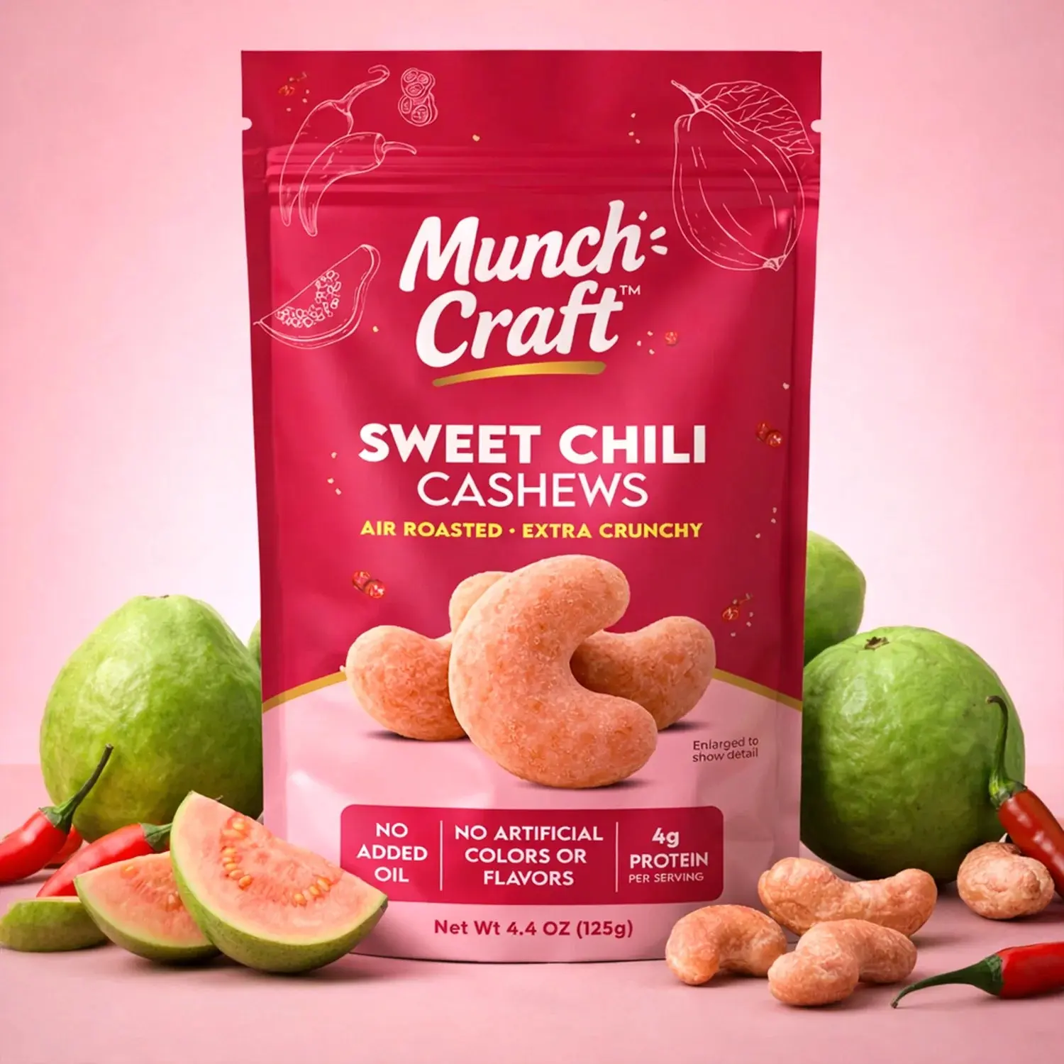 Munch Craft Air Roasted Cashews – Sweet Chili Flavor, Pantry Bags – Extra Crunchy, Oil-Free Gourmet Snack