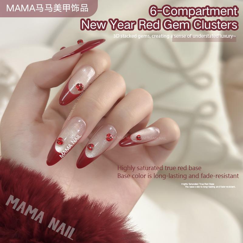 Spring Nails 2026 | 6-Compartment Red Gem Clusters, Highly Saturated True Red Stacked Nail Rhinestones for DIY Manicure & Nail Art