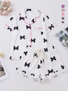 2026 Spring Summer Women's Bow Print Short Sleeve Pajama Set - Multi-Color Options, Skin-Friendly & Breathable Fabric, Button-Down Top & Ruffle Shorts, Cute 2-Piece Home Wear Loungewear Nightwear Pjs