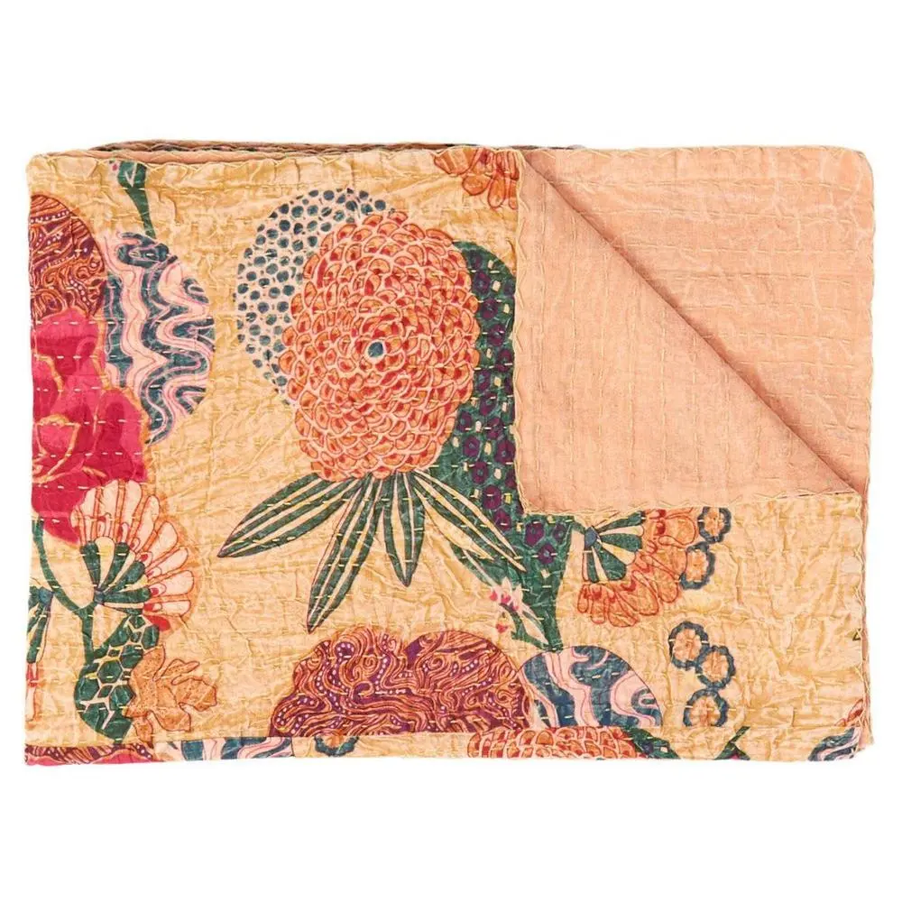 50" X 70" Orange and Red Kantha Cotton Floral Throw Blanket with Embroidery