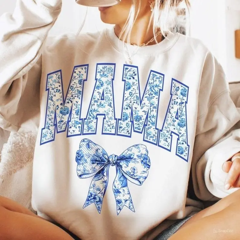 Mama Retro Chinoiserie Coquette Bow T Shirt Sweatshirt, Varsity Mama Graphic, Feminine Casual Outfit, Women Unisex Top