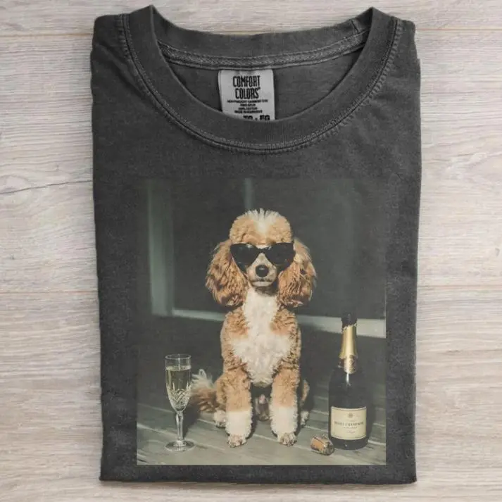 Poodle Drinking Champagne T-Shirt, Funny Poodle Dog Graphic Tee, Champagne Party Shirt, Cute Dog Lover Tee, Pet Mom Gift Shirt, Trendy Animal Lover Shirt