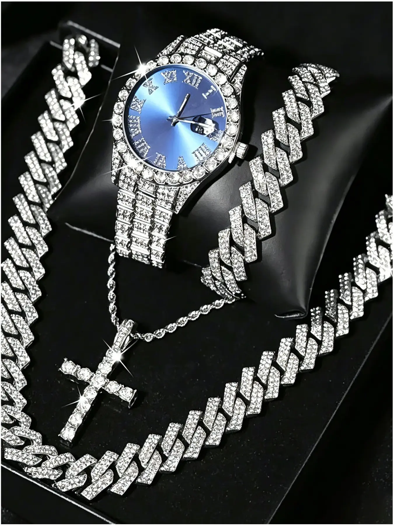4-Piece Hip-Hop Rhinestone Watch Set, Vintage Dial Cross Chain Wristwatch, Fashionable Men's Accessories, Accessory Set, No Box Included
