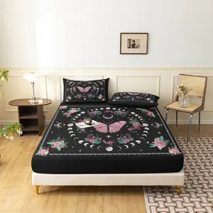 3pcs Triple Moon Pentagram Fitted Sheet Set, Mystic Purple Boho Bedding Set, Home Dormitory (1 Fitted Sheet + 2 pillowcases,No Pillow)