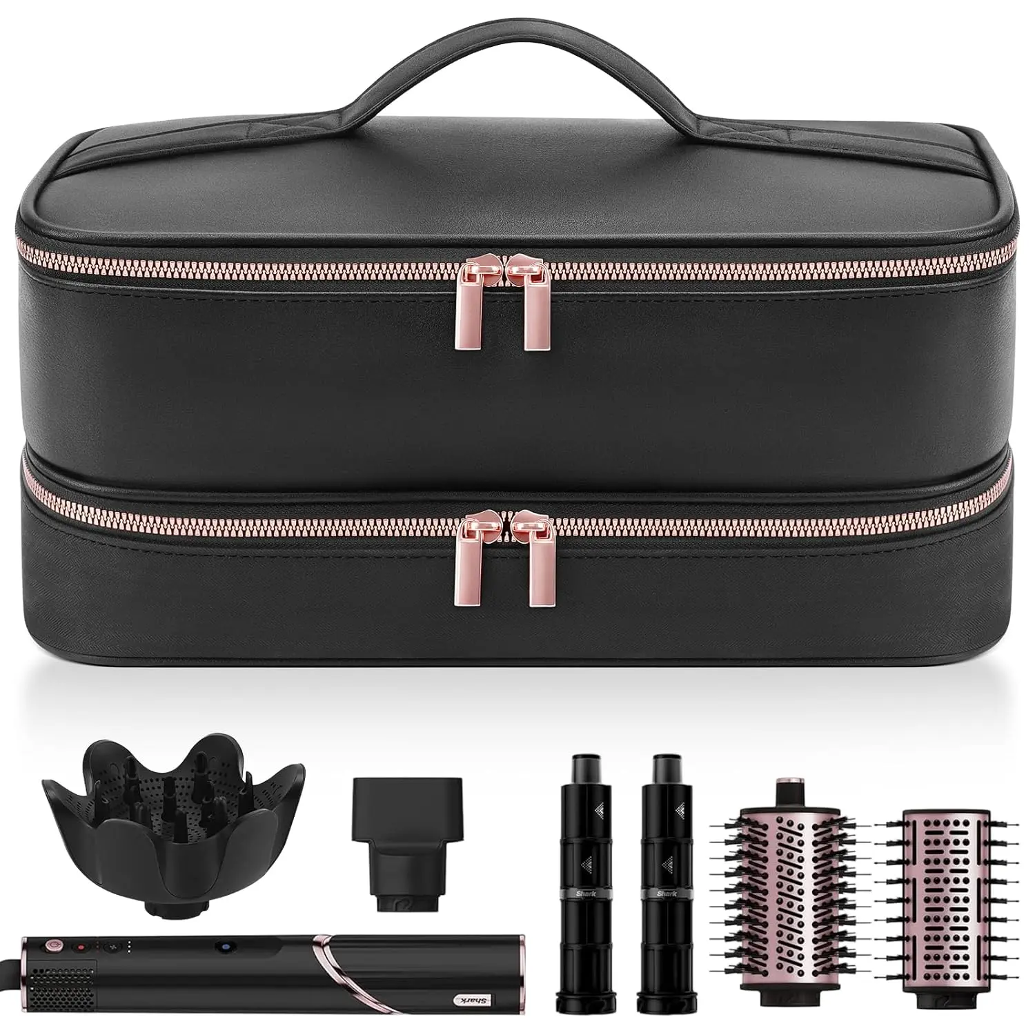 Portable Travel Hair Dryer Case - Black Rose Gold Double-Layer Storage Organizer with Handle, Zipper Closure for Hair Tools, Beauty Products Bag