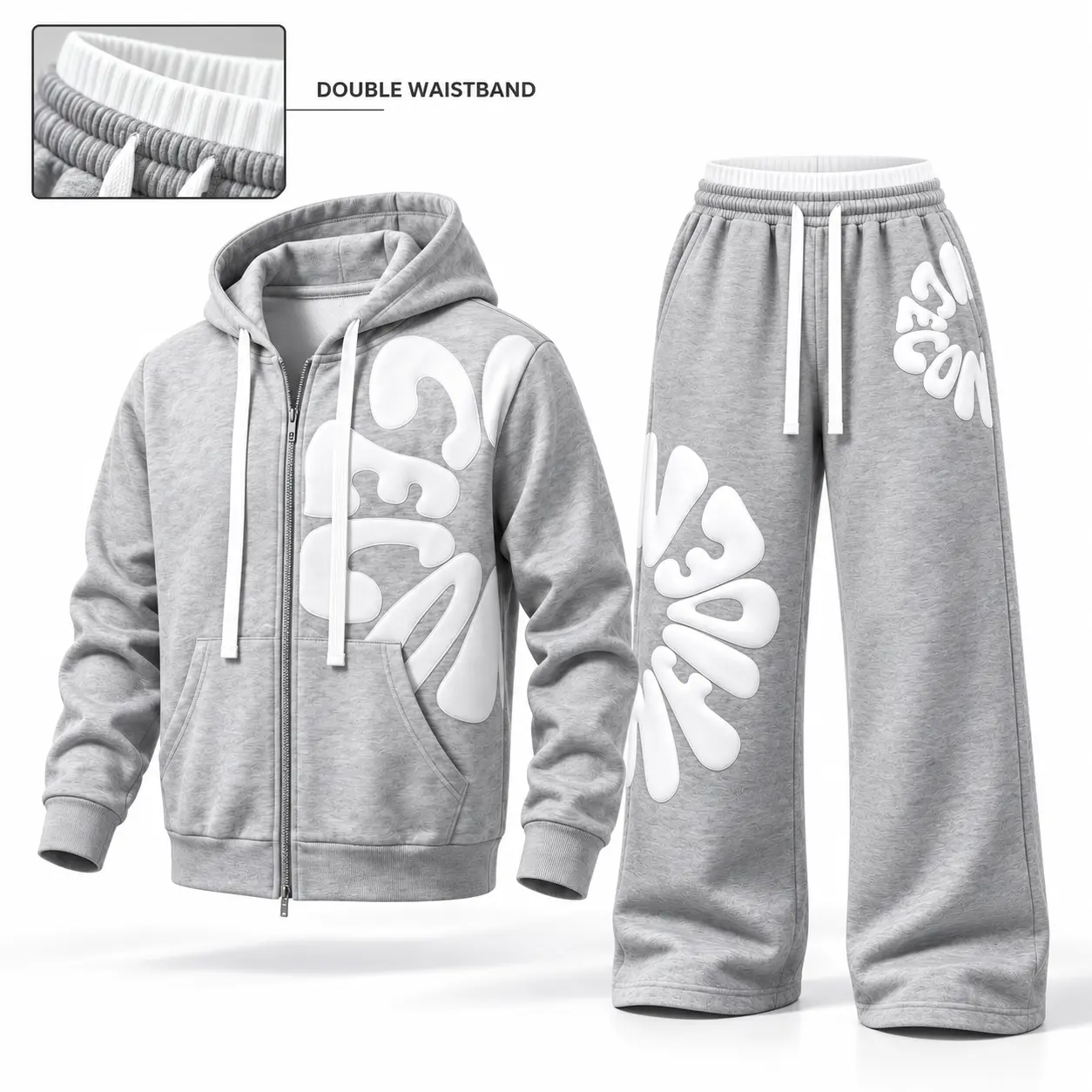 Full Zip Puffy Letter Hoodie Wide Leg Sweatpants, 2-Piece Matching Set