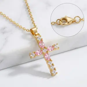 Sweetheart Cross 14K Gold Filled Cross Necklace for Women Pink & White CZ Pendant Hypoallergenic Religious Jewelry Gift for Church Date Night Birthday Everyday