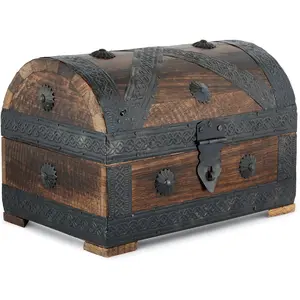 Wooden Pirate Treasure Chest  Box - Handcrafted  Keepsake Organizer with Shell Strips,  for Necklaces, Earrings, and Trinkets, 9x6 Inch  Box