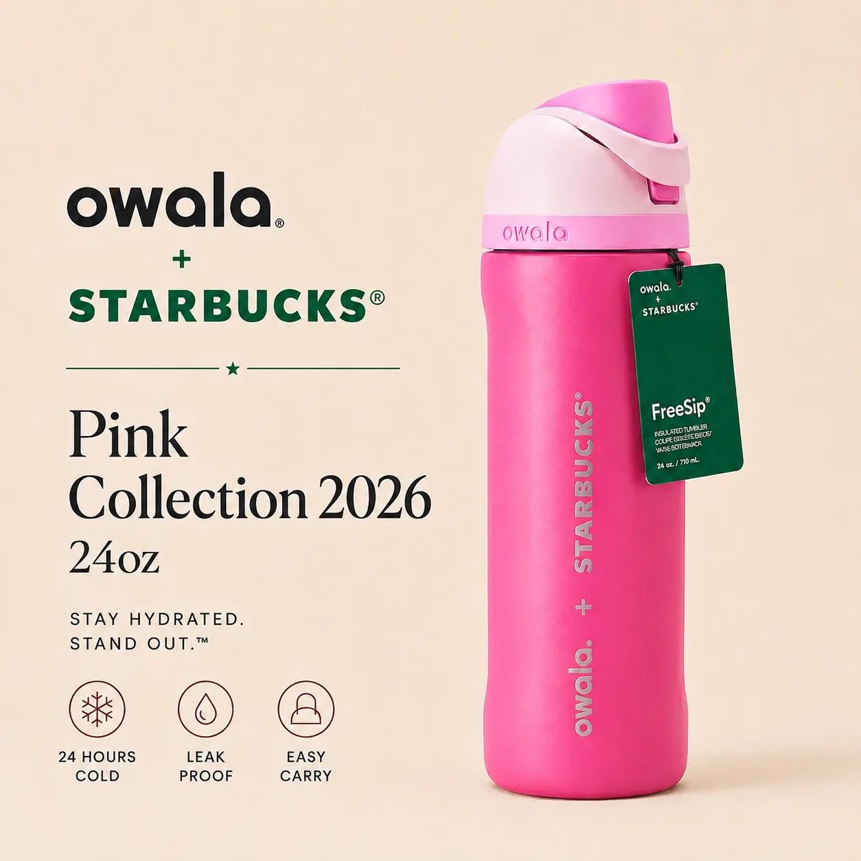 Owala Pink Starbucks 24oz Limited Edition Insulated Water Bottle Limited Edition Leakproof Stainless Steel Bottle TikTok Viral
