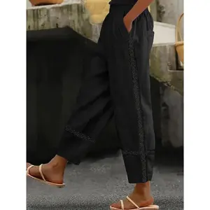 Women's Floral Embroidery Lace Up Pants, Boho Casual Elastic Waist Trousers for Beach Vacation Holiday, Ladies Bottoms for Spring & Fall