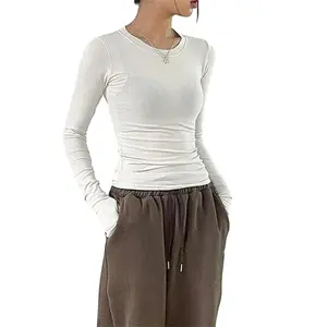 Casual Thumb Hole Shirt Fashionable Long Sleeve Round Neck Top Basic Off-White Slim Fit Long Sleeve T-Shirt European and American Casual Style Simple Slim Fit Long Sleeve Top allie faith tube top outfit tana halter top babydoll top Fuzzy Hooded Jacket