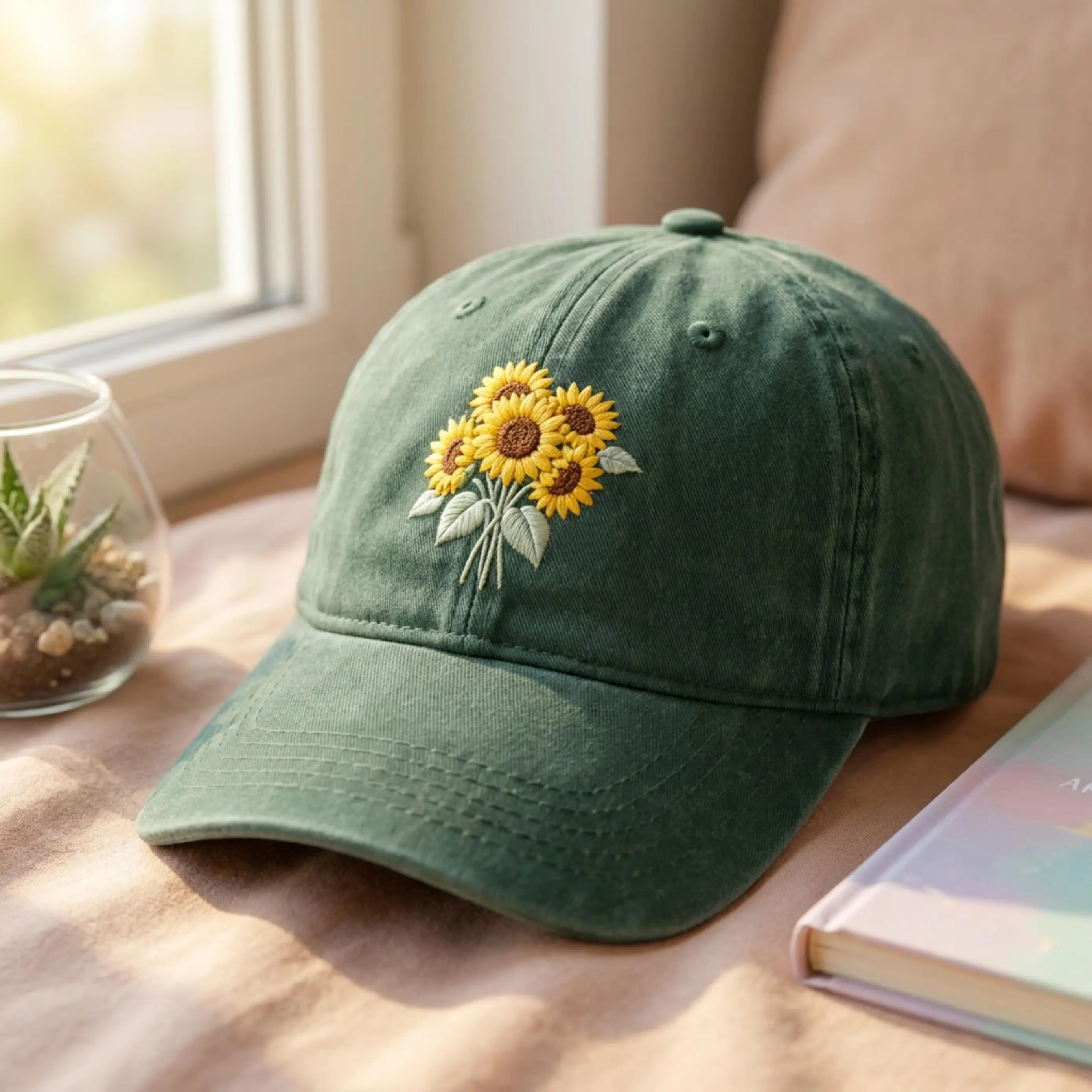Embroidered Sunflower Washed Cap - Fashion Clothes Accessory for Nature Lovers