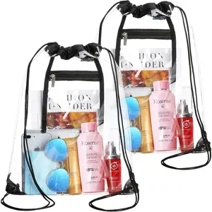 2 PACK Clear Drawstring Bag Stadium Approved, See Through PVC Transparent Backpack with Inner Zipper Pocket