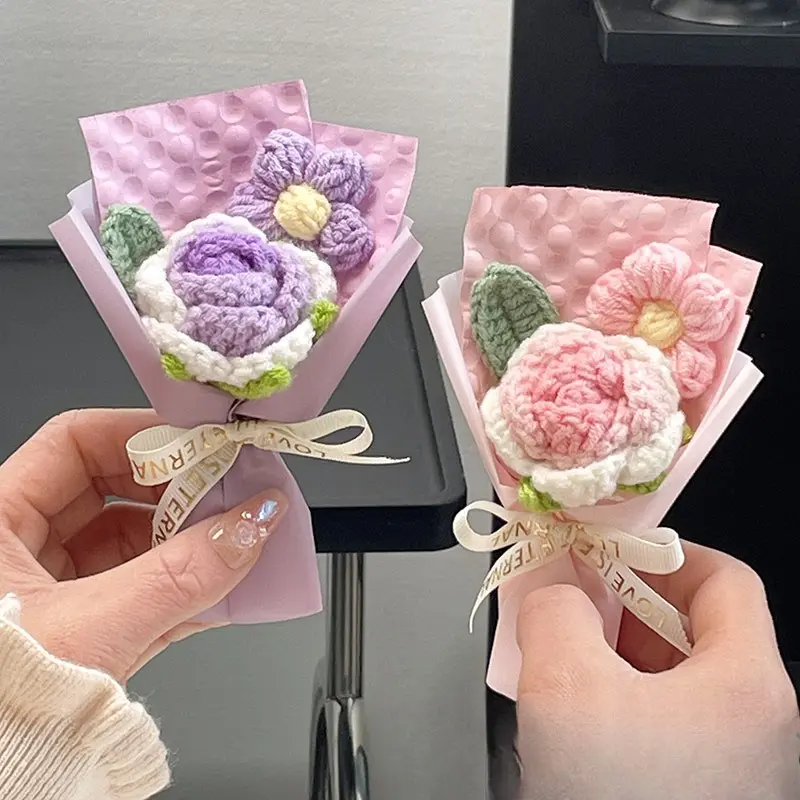 Handmade Knitted Crochet Flower Bouquet, 1 Bunch Artificial Flowers for Home Decor, Parties, Weddings & Anniversaries - Perfect Valentine’s Day, Birthday, Mother’s Day, Father’s Day & Thanksgiving Gift, Decorative Artificial Flower Set,UU