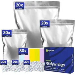 70-Pack 14 Mil Mylar Bags with  Absorbers, Gusseted 1 Gallon(10), 1 Quart(20) & 1/2 Pint(30) Bags with 500cc, 300cc & 200cc OA - Resealable Mylar Bags for  Storage with Colourful labels