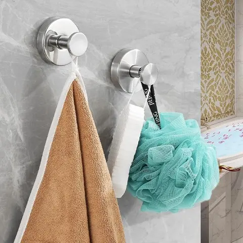 Waterproof Reusable Suction Cup Hooks 2pcs Set, Strong Grip Home Organizer for Bathroom Organizing Accessories, Press-Squeeze-and-Go Smooth-Surface Fit for Tiles, Glass, Doors, Shower Essentials for Towels, Loofahs, Robes