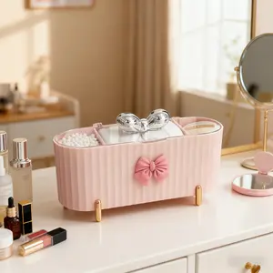 Bow-knot Design Makeup Organizer Countertop, 1 Count 3-grid Large Capacity makeup storage, Powder Puffs & Cosmetics, Cosmetic Organizer Box, Multifunctional Storage