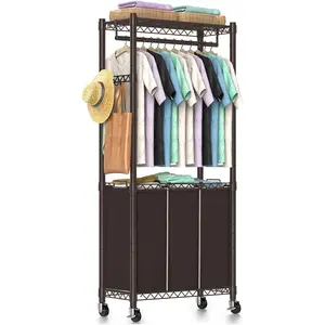 3-Section Laundry Sorter With Hanging Bar, Rolling Hamper Cart, Basket Organizer, Hanging Rack, Lockable Wheels and Removable Bags for Clothes Storage, Espresso