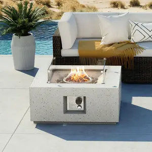 Outdoor Propane Fire Pit Coffee Table, 28-inch Terrazzo Square Base Patio Heater w Stainless Steel Burner, Wind Guard, Free Lava Rocks and Rain Cover