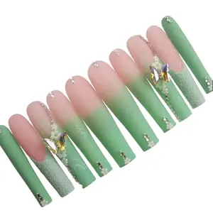 Handmade Press-On Nails, 10pcs Luxury French Tip Multi-Pack with Elegant Rhinestones, Long Coffin Thick Acrylic Tips
