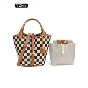 Women's Plaid Checkered Crossbody Bag, Polyester Bucket Bag for Women, Fashionable Bucket Bag, Vegetable Basket Shape Satchel with Top Handle Bags, Multi-Functional, Lightweight Adjustable Purse Handbags, Holidays Gift, Suitable For Work