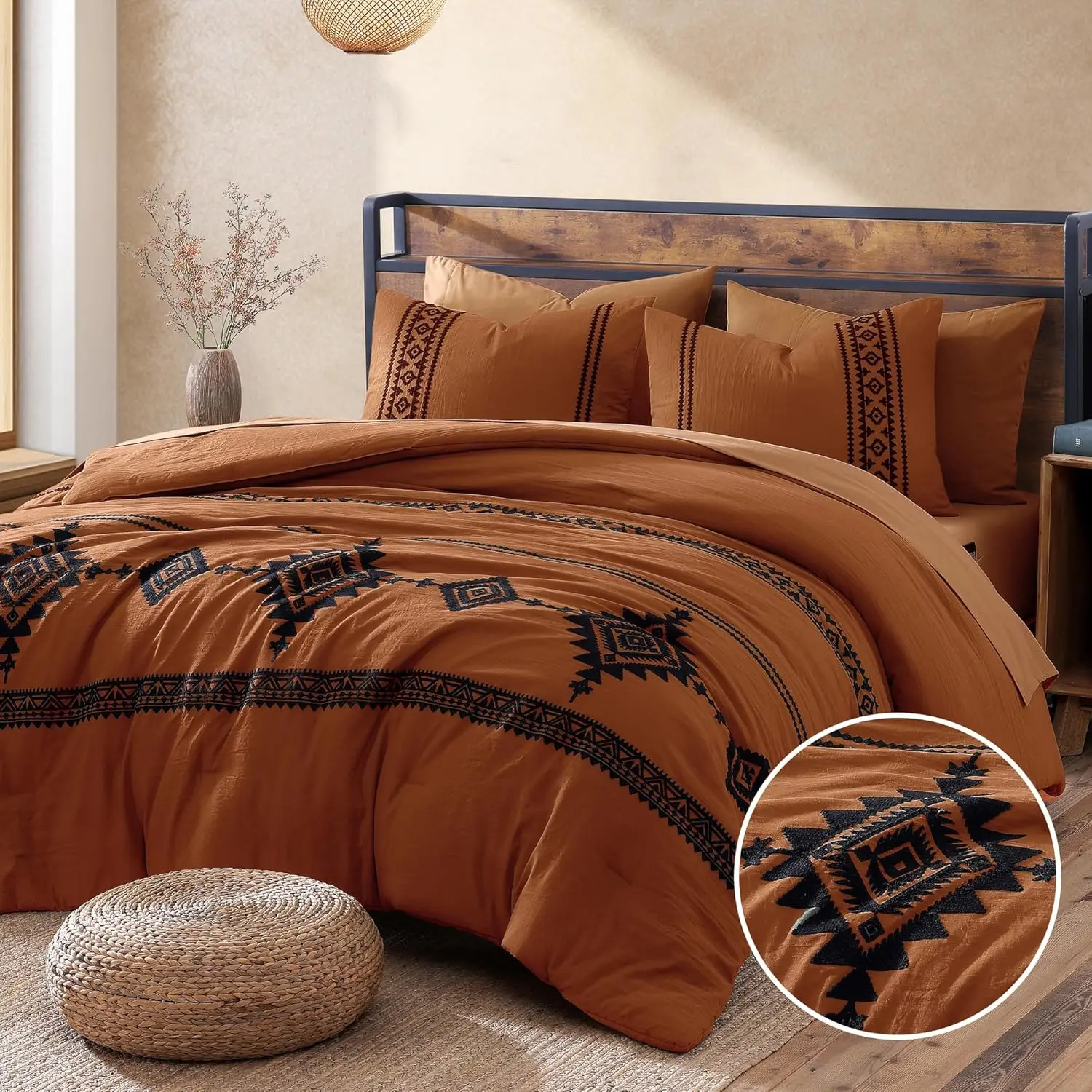 Embroidered comforter set, boho farmhouse western bedding set, all-season bed-in-a-bag comforter set with sheets, pillowcases, and shams, burnt orange queen size, 7 pieces