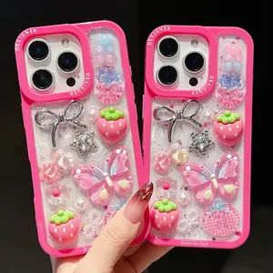 Cute fuchsia 3D strawberry butterfly star phone case Casing, Shockproof cover suitable For iPhone 17Air,16,15,14 Plus,13 Pro Max, shiny protective cover Accessories Cellphone Accessories Decorative Phone Protector