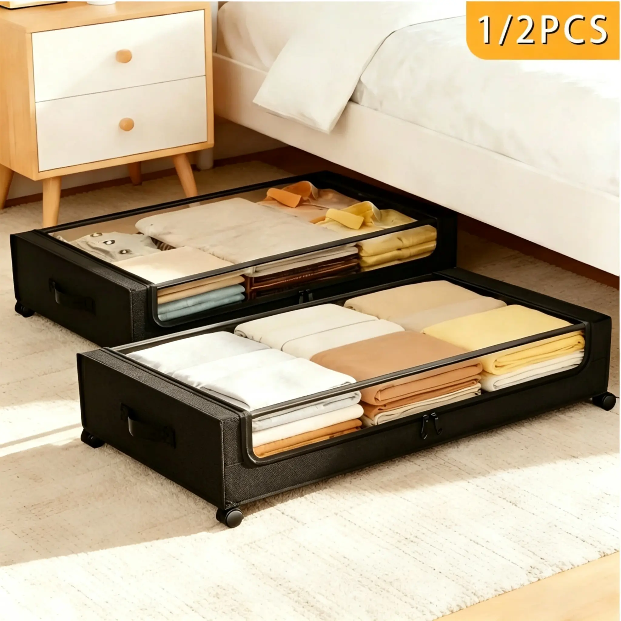 Under-Bed Storage Box with Wheels - Large Capacity Rolling Drawer with Transparent Window, Easy Pull-Out Fabric Organizer for Closet, Sofa & Bedroom
