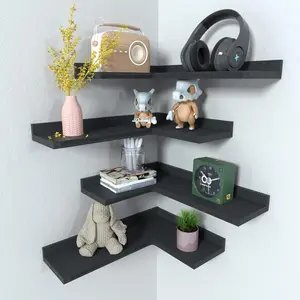 4 Tier Corner Floating Shelves Set of 4, Rustic Pine  Corner Shelves for Wall Storage and Decor, L-Shaped Corner Wall Mounted Shelf for Bedroom, Living Room, Bathroom, Kitchen and more - Black