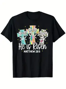 He Is Risen Matthew 28:6 Christian Happy Easter Coquette Bow T-Shirt - Casual Crew Neck Cotton, Super Soft, Summer Breathable Tee - Easter St Patrick's Day Valentine's Day Gift for Men Women Couple and Friend