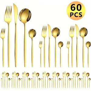 Stainless Steel Cutlery Utensils Set, 60pcs/set Including Knives, Forks & Spoons, Mirror Polished Flatware Set for Parties, Banquets & Restaurants, Utensils, Dinnerware Service Set