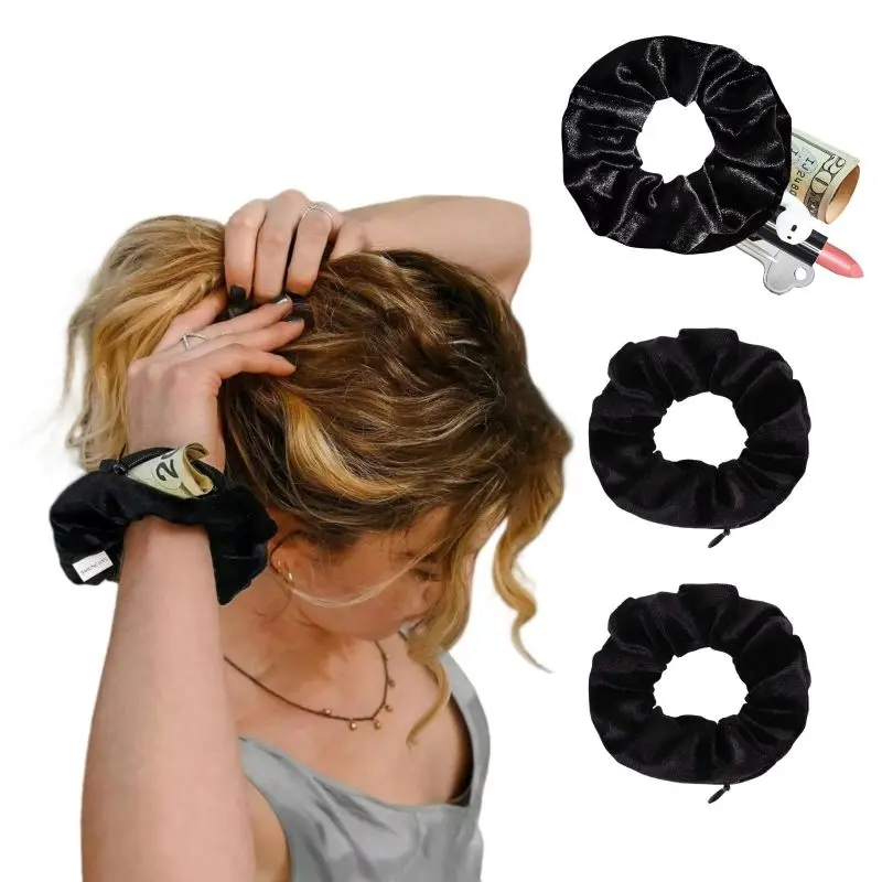 3PCS Velvet Scrunchies with Hidden Zipper Pocket – Secret Storage Hair Ties for Keys, Cash, and Small Essentials, Perfect for Travel, Gym, and Daily Wear